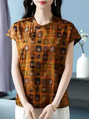 New Chinese Vintage Style Mulberry Silk Printed Short-Sleeve T-Shirt for Women - Summer Loose Fit Flattering Mothers' Silk Top