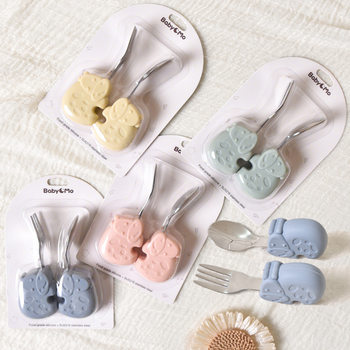 Baby Learn to Eat Cartoon Training Fork Spoon Baby Children Fork Spoon Short Handle Self-eating 316 Stainless Steel Anti-fall