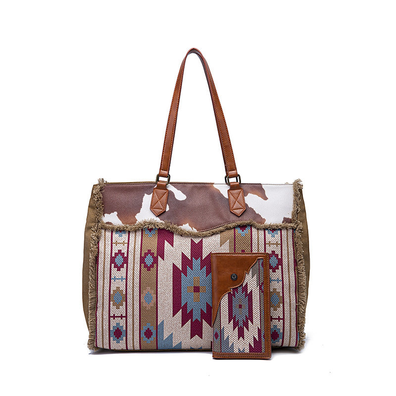 Túi Tote Nữ Vải Canvas Cotton Họa Tiết Bohemian Vintage Đeo Vai, Đeo Chéo, Xách Tay Màu Nâu, Xanh, Đỏ, Be chi tiết 2