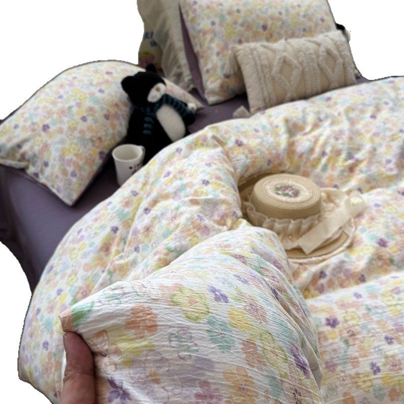 Double-Layer Gauze Printed Four-Piece Set, Nordic Style, Suitable for Sleeping Naked, Mother and Baby Grade Long-Staple Cotton Duvet Cover, Three-Piece Bed Sheet Set, Egyptian Long-Staple Cotton