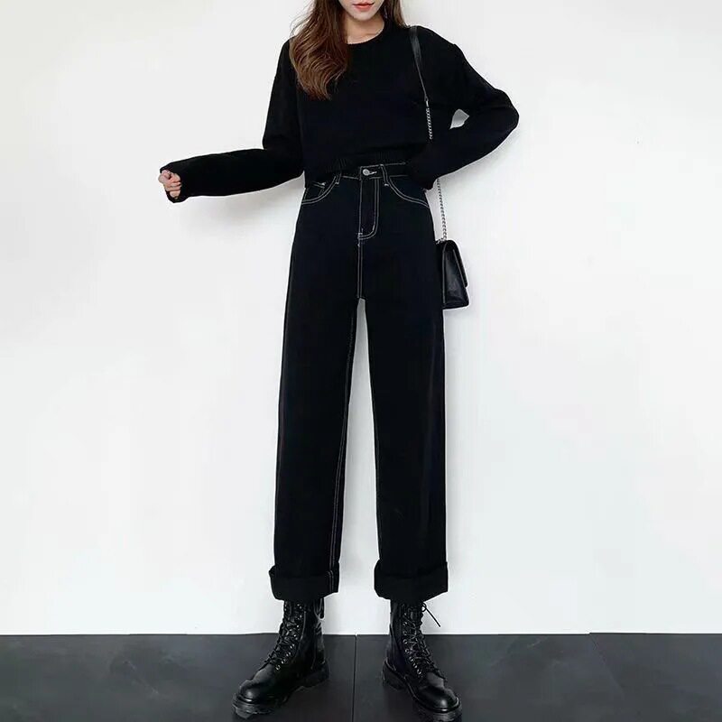 High Waisted Black Wide Leg Jeans for Women Slim Fit Versatile Korean Style Casual Wear Student Fashion Wholesale