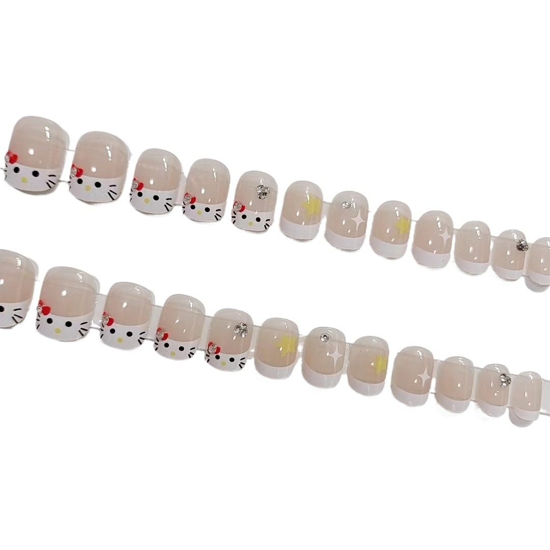 B665Kt Cat Fresh Cute Girl Wear Armor Short Cartoon Small Diamond Student Daily Manicure Fake Nail Tablets