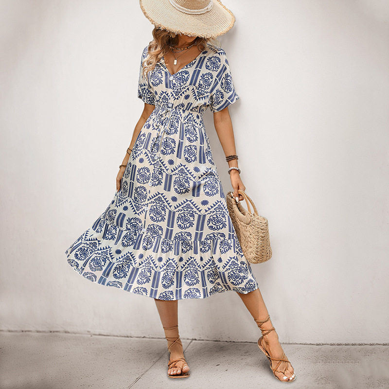 Casual Summer Dress Short Sleeve V Neck Ethnic Print Vacation Wear Wholesale Available bulk order