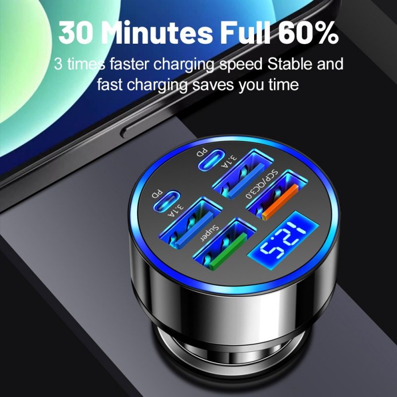 Six-in-one multi-port with digital display supports ultra-fast car charging 6 ports with voltage car charging one-to-six fast car charging