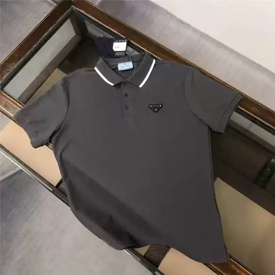 P's High Version Triangle Logo Business Casual Daily Summer Short-Sleeved T-Shirt for Men and Women Pujia Lapel Polo Shirt Top