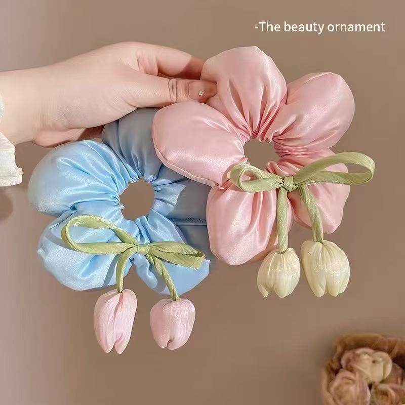 Children's Knitted Large Flower Hair Rope for Girls with Ball Head, High Appearance and High Elastic Ponytail Hair Rope