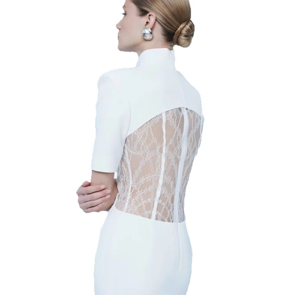 Lace Panel Sheer Bodycon Dress Elegant Solid Color Trendy Style Perfect for Parties Wholesale Available