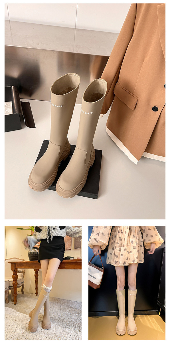 Boot nữ cổ cao ôm bắp chân da bò gót thô 6cm — Kaki nhạt lót nhung, Kaki nhạt lót nhung ống lớn, Kaki nhạt một lớp lót trong, Màu đen lót một lớp