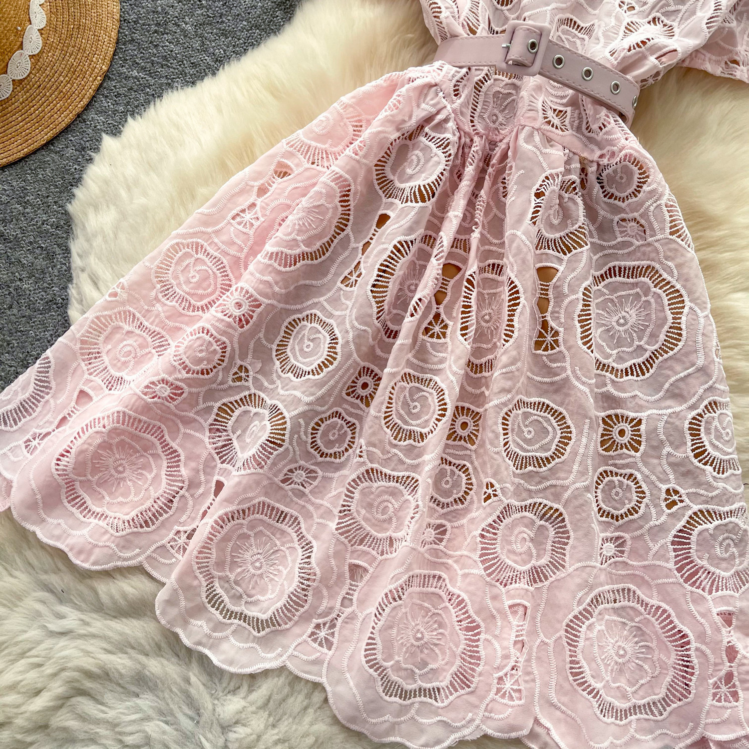 Pink Lace Hollow Out Dress for Women Summer Slim Fit A Line Elegant Style Perfect for Work or Casual Occasions