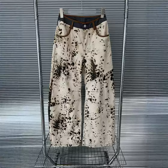2025 Spring and Summer American Retro Leopard Print Pattern Stitching Denim Straight Leopard Pants Super Beautiful
