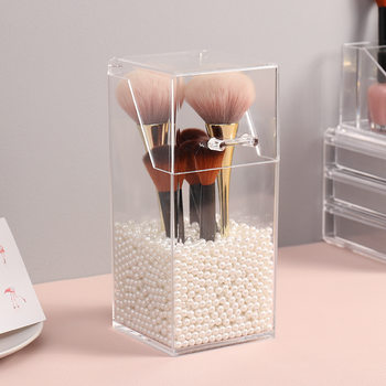 Square Pearl Makeup Box Transparent Flip-Top Dust-Proof Makeup Brush Barrel Eyebrow Pencil Brush Barrel Acrylic Eyebrow Pencil Storage Box