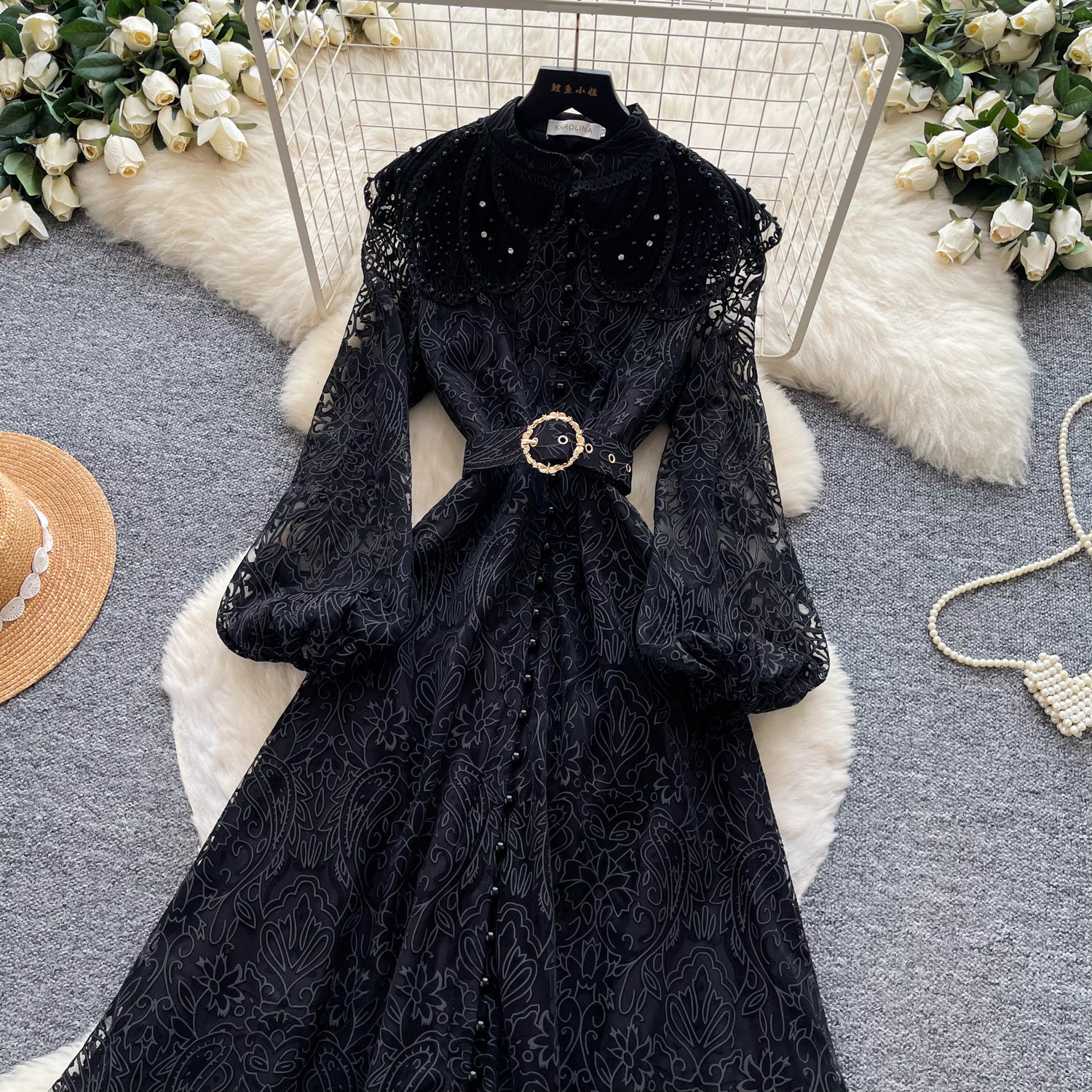 Elegant French Lace Long Sleeve Dress Fitted Waist A Line Silhouette High End Style Perfect for Commuting and Special