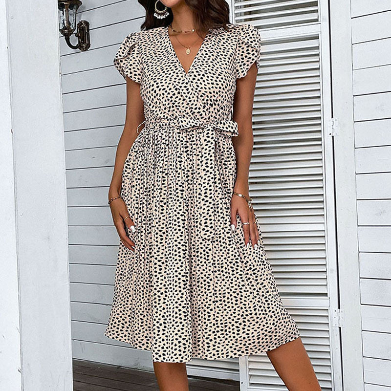 Plus Size Leopard Print V Neck Beach Dress Summer Vacation Style Comfortable and Stylish Wholesale Available