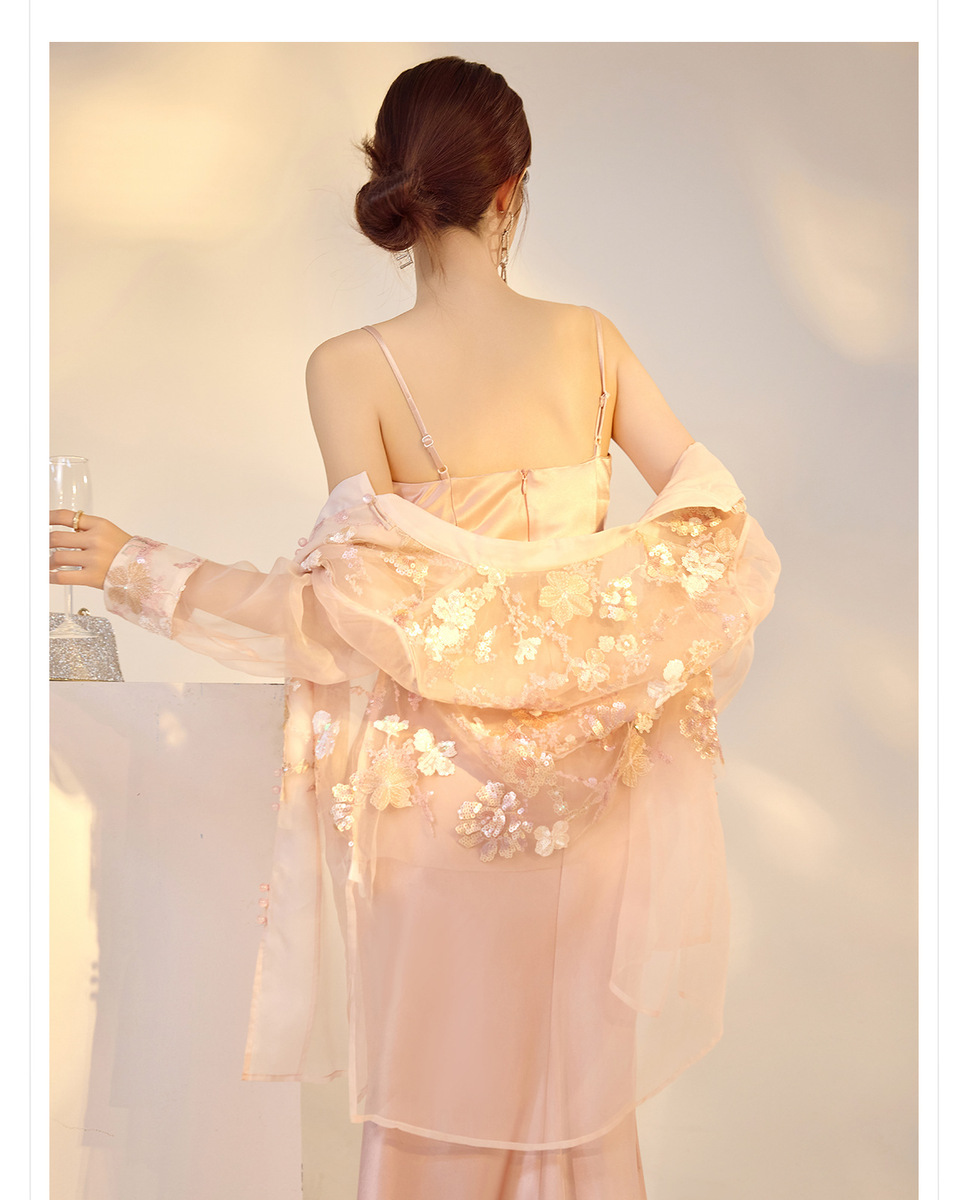 Đầm dây dài nữ cổ chữ V dáng chữ A cạp cao phong cách quý phái — Bột hoa đào (Giao hàng trong 7 ngày), Bột Tao Yao (phát hành trong cùng ngày), Màu hoa mai sen (giao hàng trong 7 ngày), Màu hoa mai sen (phát hành cùng ngày)