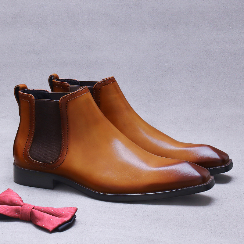 Giày Chelsea boot nam da bò thật cổ thấp dây chun hai bên — Màu nâu vàng, Màu đen (kiểu lót lông), Màu đen, Màu nâu vàng mẫu lót nhung