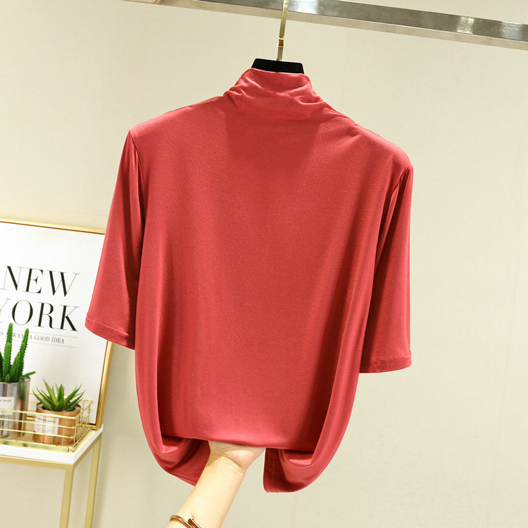 早秋新款纯色基础半高领中袖打底衫女莫代尔棉百搭五分袖T恤上衣