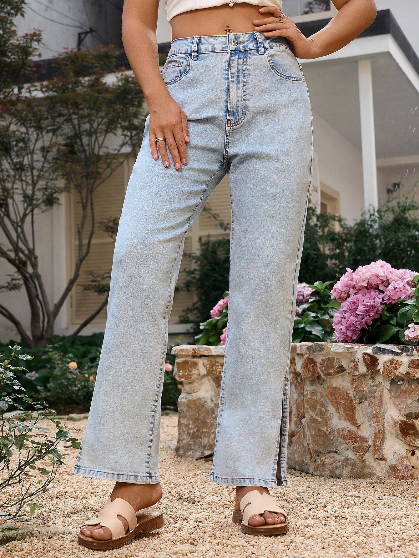Casual Straight Leg Denim Jeans High Split Design European and American Style Comfortable Fit Wholesale Available