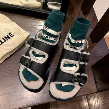 2025 New Autumn and Winter Buckle Warm Outdoor Furry Shoes Fashionable Versatile Flat Roman Sandals for Women