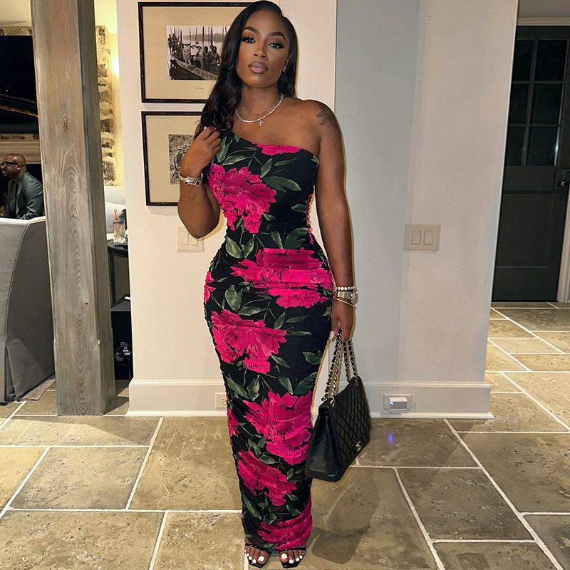 Sleeveless Asymmetrical Shoulder Dress Fashionable Floral Print Bodycon Fit Mid Length Casual Party Wear OEM