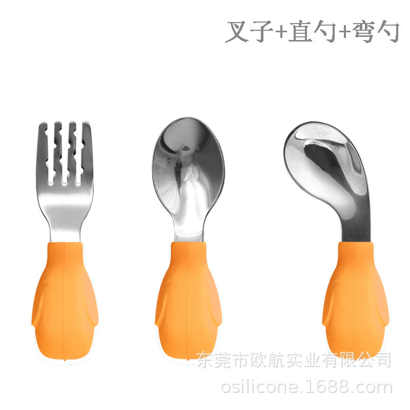 In stock wholesale baby silicone short handle training fork spoon learn to eat stainless steel food supplement spoon children portable tableware