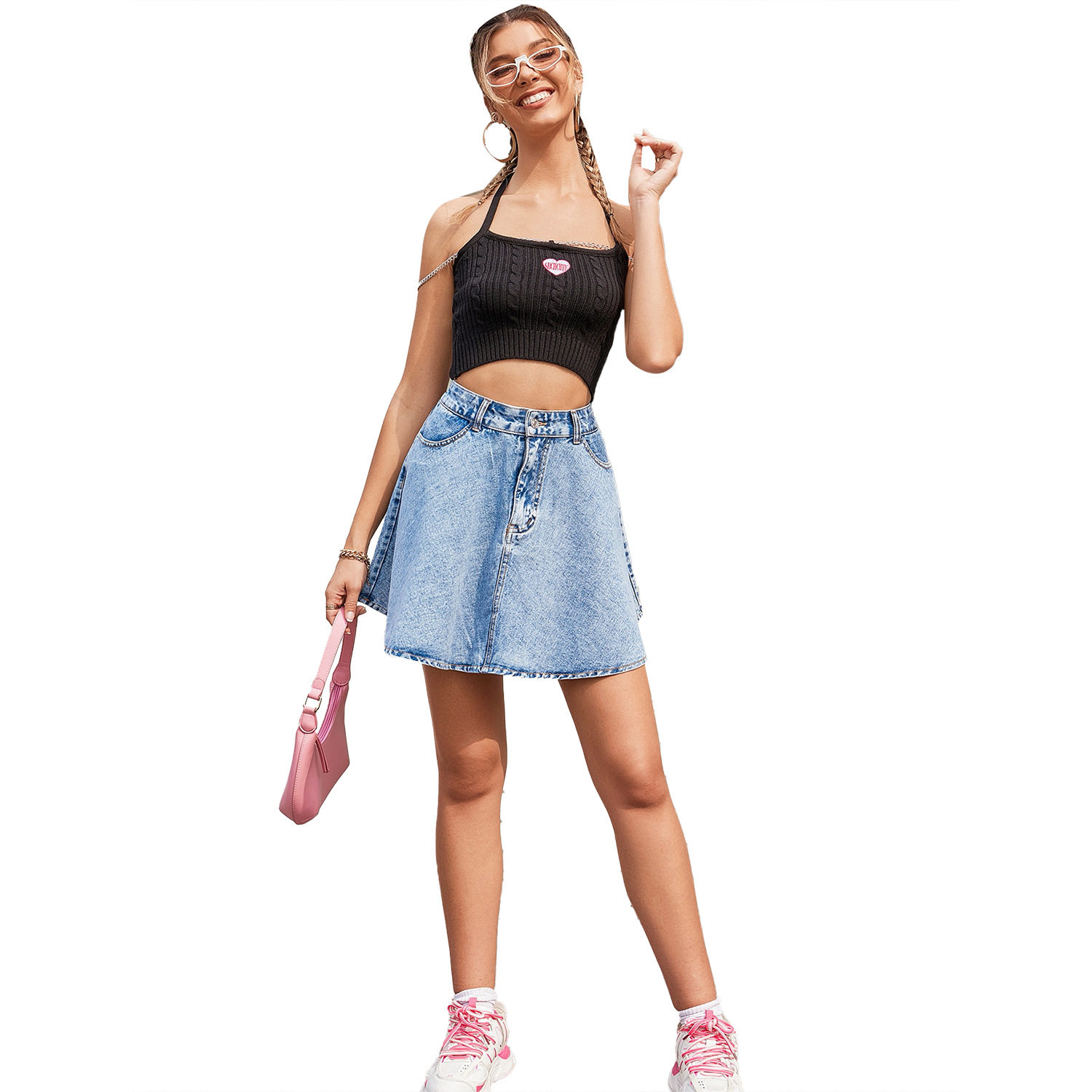 High Waisted Loose Fit Denim Skirt Casual Style Trendy Design Flattering Fit Perfect for Everyday Wear Wholesale