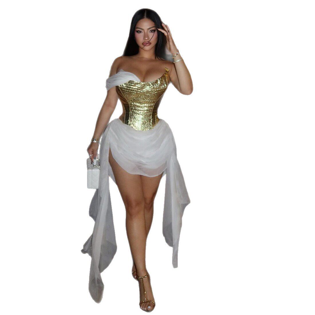 Gold Sheer Mesh Panel Dress Stylish Ribbons Sexy Fit Spring Fashion Perfect for Parties and Night Out Wholesale