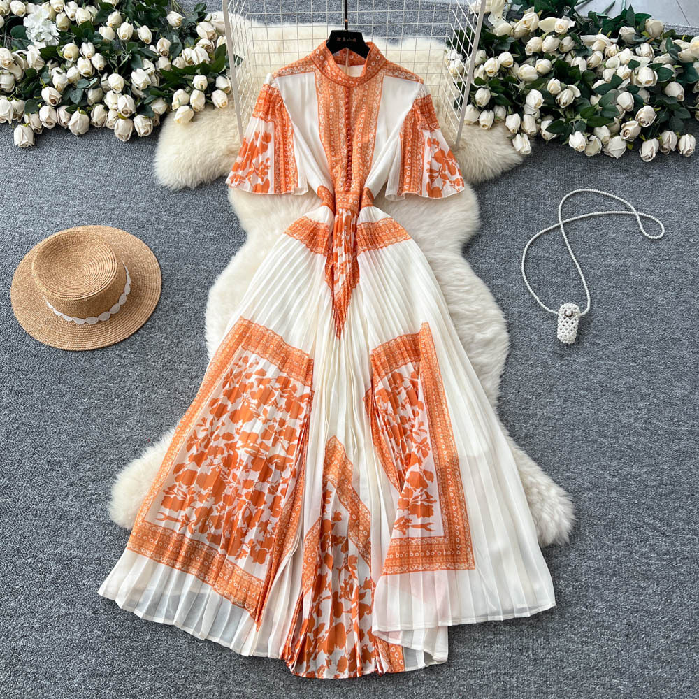 French Style Floral Maxi Dress for Women with Pleated Design and Stand Collar Available in Multiple Colors and Sizes