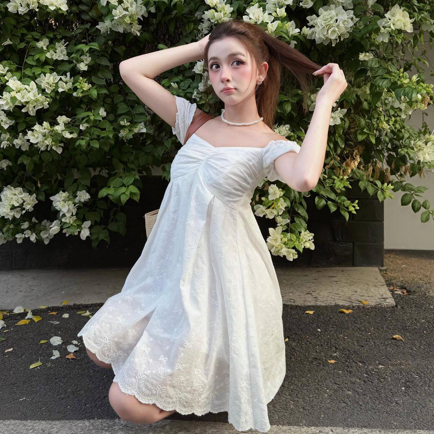 Summer Womens Dress Fashionable Sweetheart Neckline Puff Sleeve Loose Fit Solid Color Wholesale Available