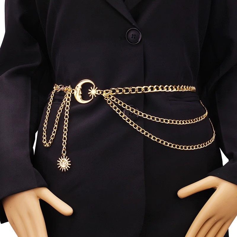 European and American Fashion Jewelry Moon Multi-Layer Metal Versatile Chain Waist Chain Fashion Belt Hip-Hop Punk Sun Crescent