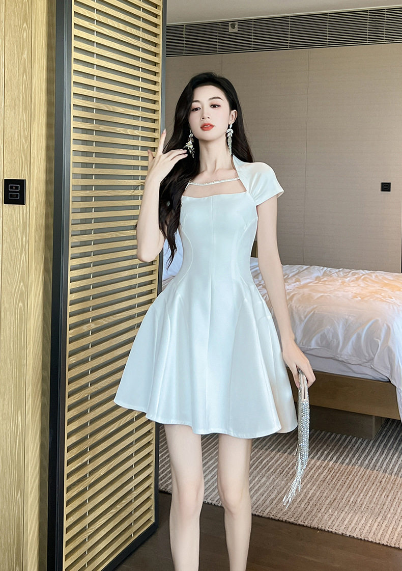 Đầm suông nữ midi cổ vuông phong cách Pháp tay ngắn — [Trắng] chi tiết 11