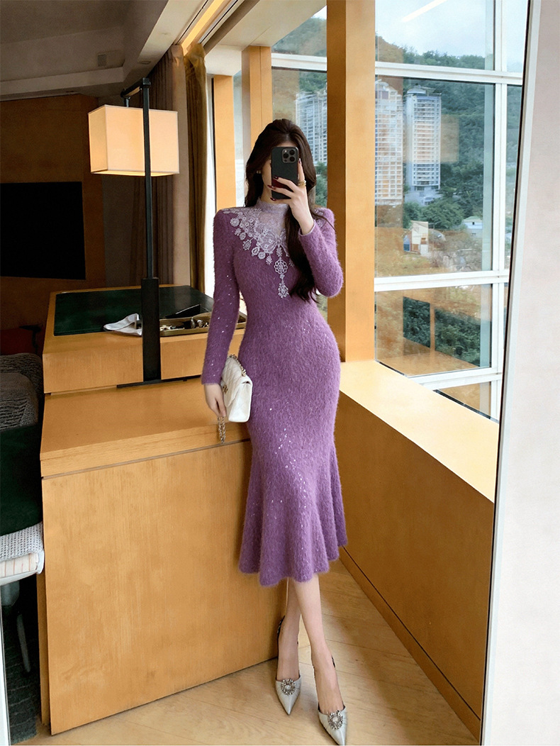 Đầm liền thân nữ cổ tròn phối ren ôm dáng đuôi cá dài — Màu tím