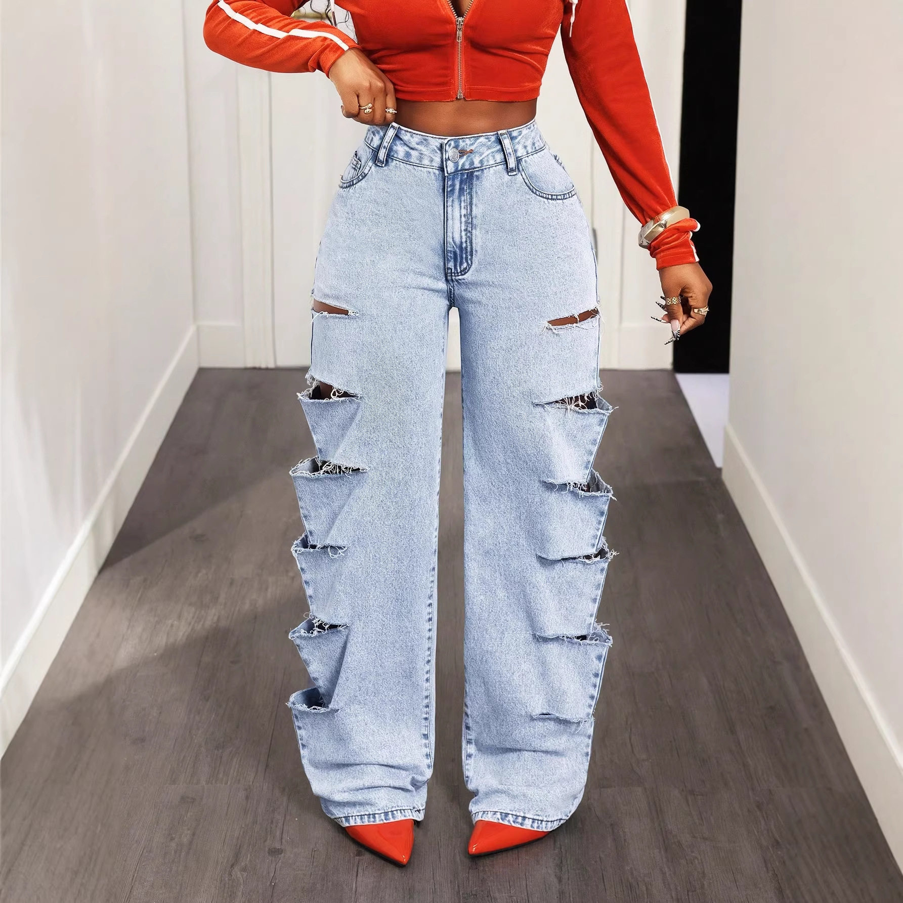 Wide Leg Denim Jeans Fashionable Loose Fit Hollow Out Design Versatile Style Casual Wear for Women Wholesale