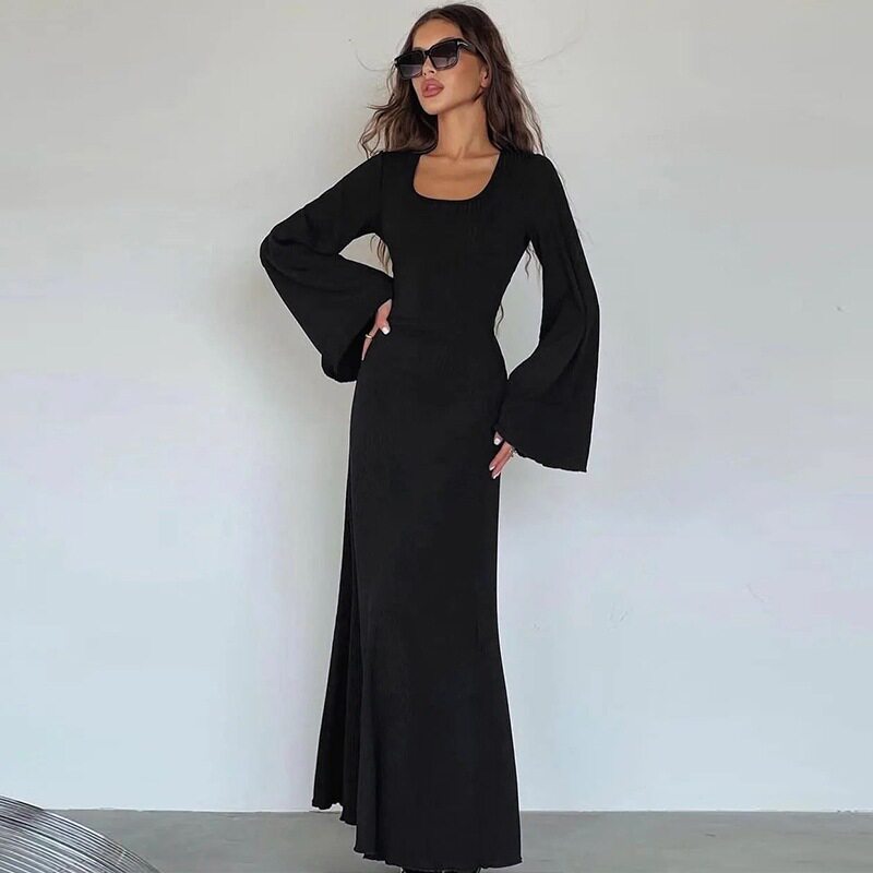 Fashionable Loose Fit U Neck Long Sleeve Dress Back Tie Design Autumn Collection Wholesale Available