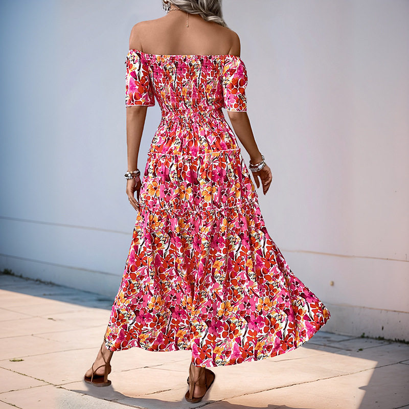 Bohemian Floral Print Dress Off Shoulder Puff Sleeves Elegant Design Perfect for Summer Events Wholesale Available