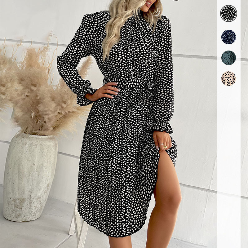 Floral Print Long Sleeve Dress Multi Color Wrinkled Fabric Elegant Style Perfect for Spring and Autumn Wholesale