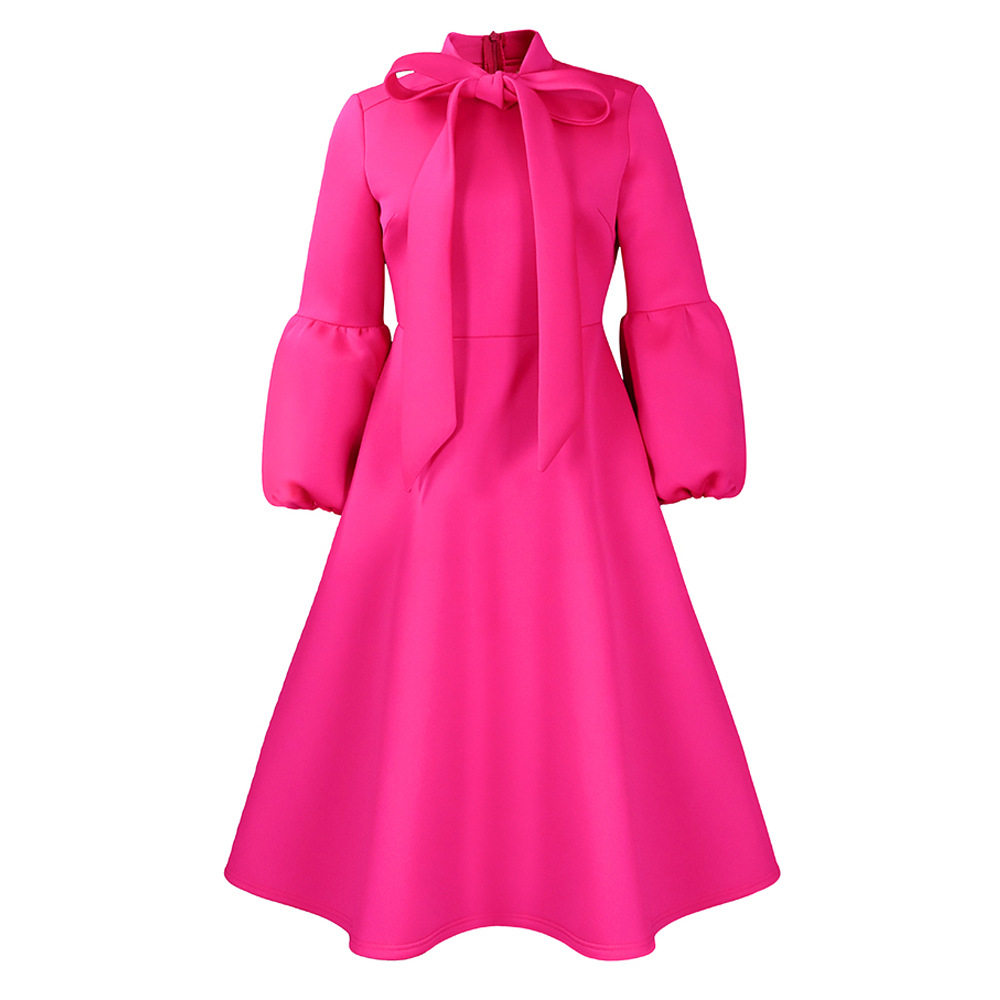 Fashionable High Waisted Lantern Sleeve Dress Plus Size Bow Tie Flared Skirt Spring Summer Occasion Wholesale