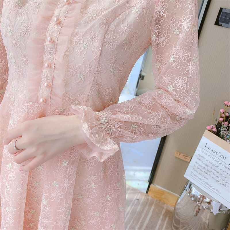 French Style Long Sleeve Midi Dress for Women Ruffle Hem Sheer Fabric Elegant Design Perfect for Spring and Autumn
