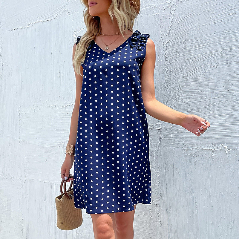 Summer Womens Dress Ruffle Trim Polka Dot Sleeveless Casual Wear or Beach Outing Wholesale Available