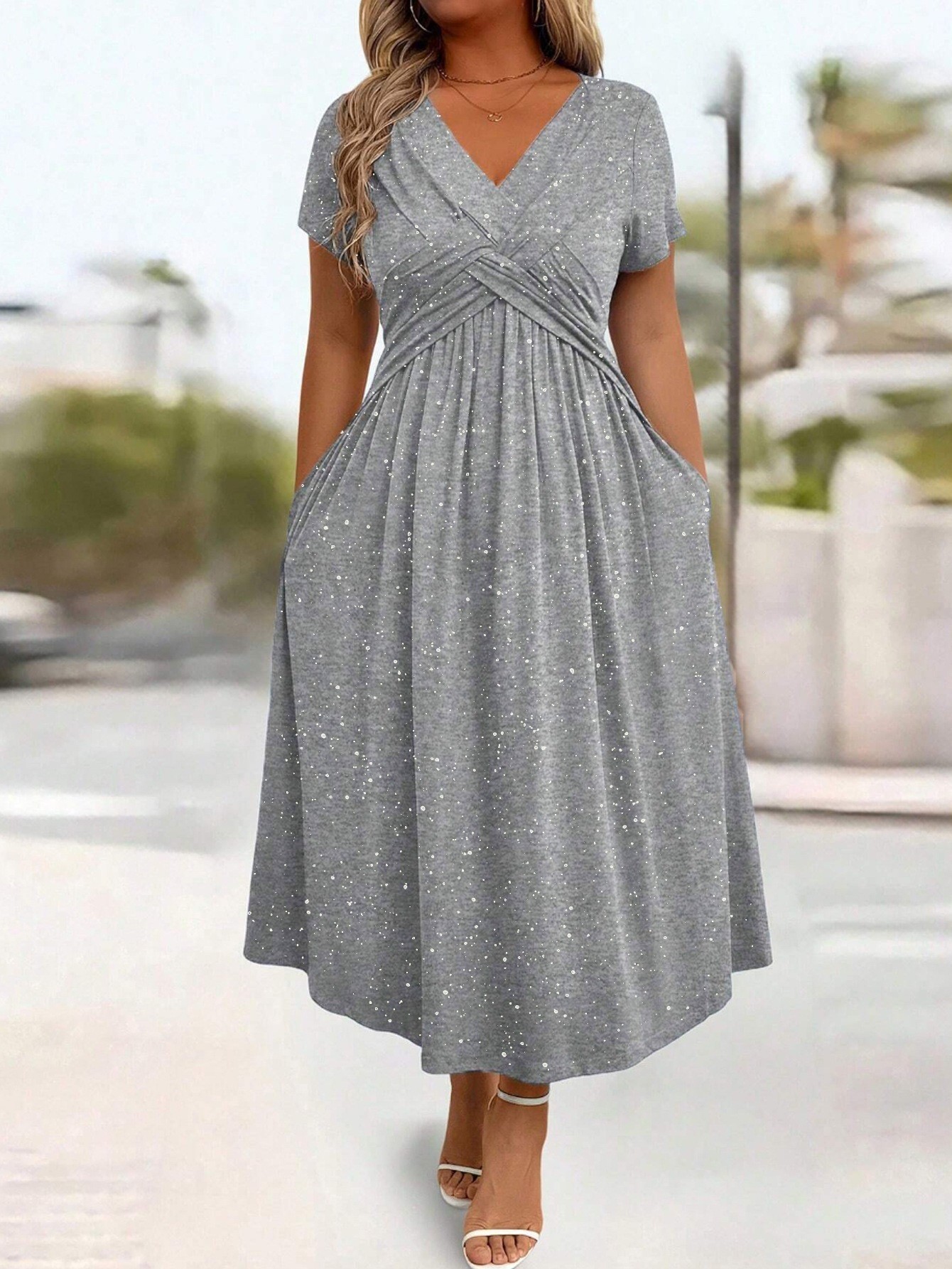 V Neck Short Sleeve Bodycon Dress Shimmering Fabric Waist Defining Fit Summer Style Wholesale Available