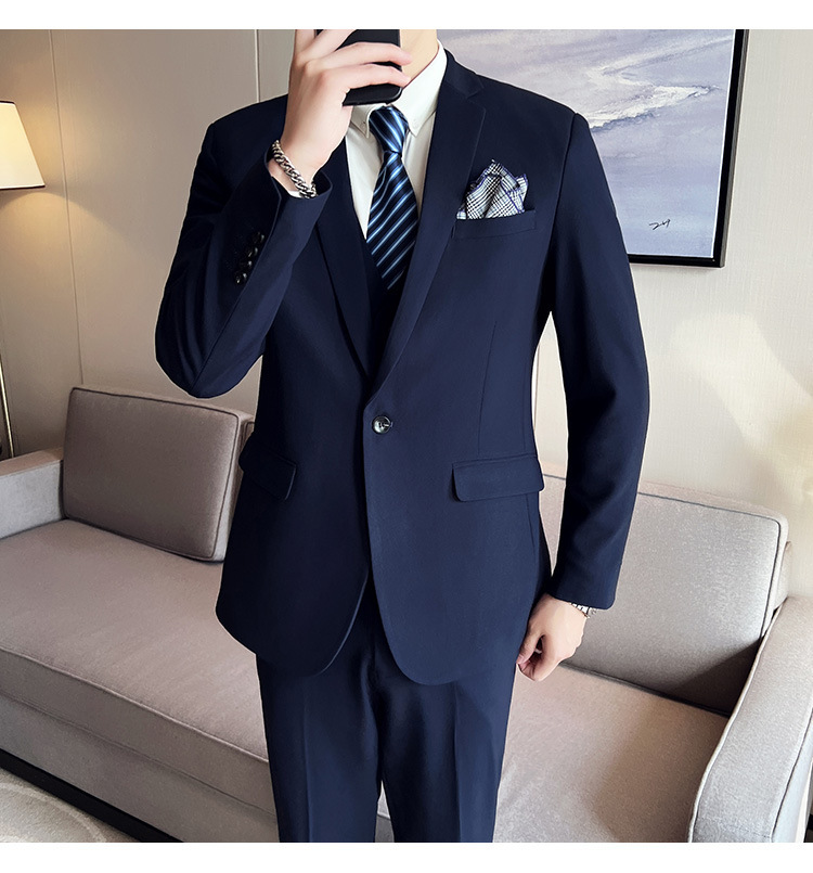 Bộ com-lê nam ba mảnh dáng ôm, áo vest một hàng khuy phong cách công sở — Màu xám (áo một nút + áo vest + quần), Màu xanh (áo một nút + áo vest + quần), Màu đen (áo một nút + áo vest + quần), Màu xanh navy (áo một nút + vest + quần)