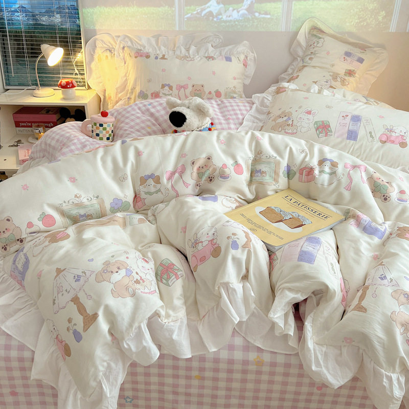Cream Style Cotton Bed Four-piece Set Cotton Bedding Girl's Lace Quilt Cover Bed Sheet Person Student Dormitory Three-piece Set
