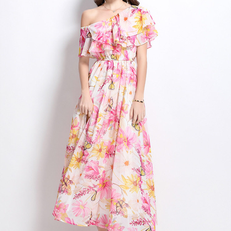 Floral Chiffon Maxi Dress for Women Off Shoulder Ruffled Hem Waist Defined Elegant Style Perfect for Spring