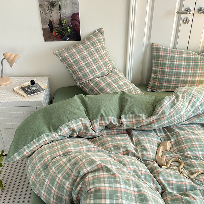 Cotton yarn-dyed washed cotton four-piece bedding Japanese-style unprinted factory cotton bedding wholesale supply