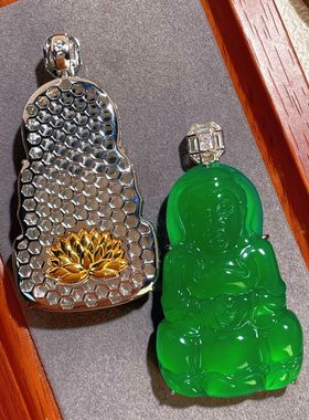 s925纯银天然玉石冰种绿玉髓观音吊坠翡翠满绿色莲花菩萨挂坠项链