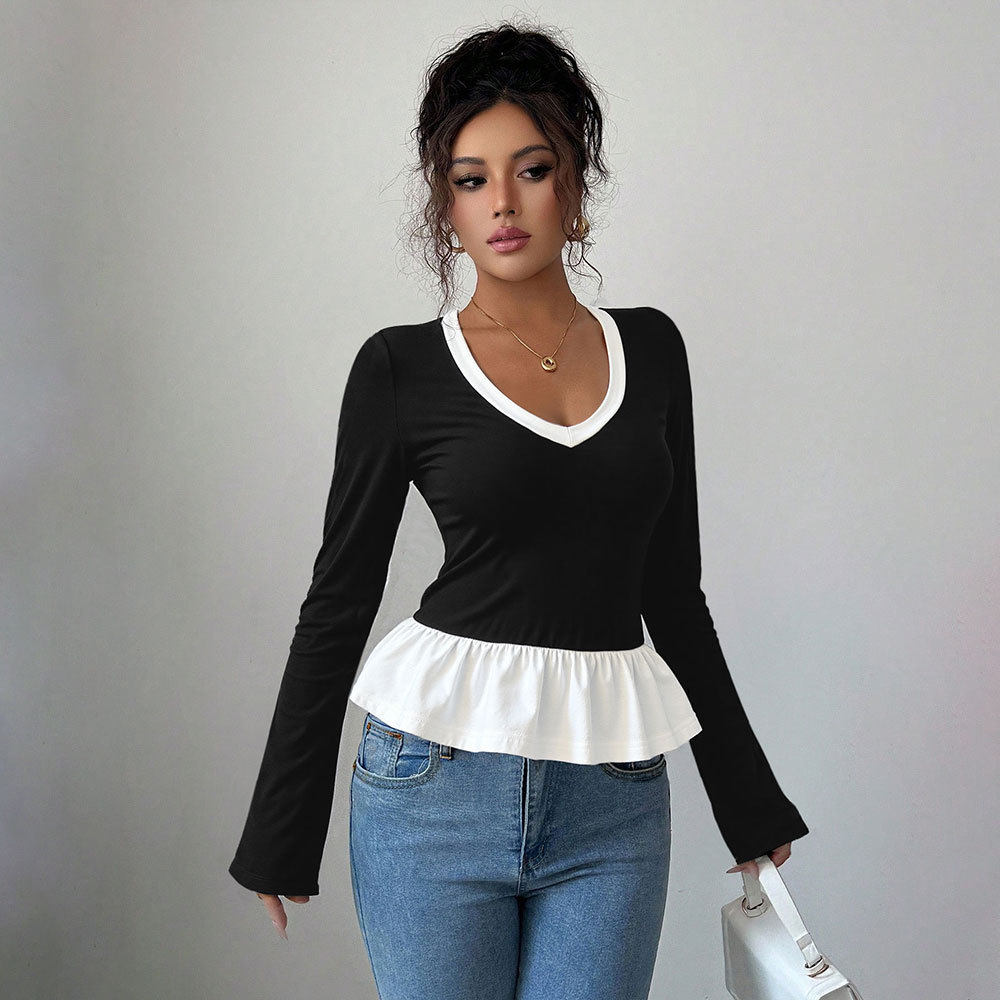 Color Block Long Sleeve T Shirt Slim Fit Lace Detail Round Neck Spring Summer Casual Wear Wholesale Available