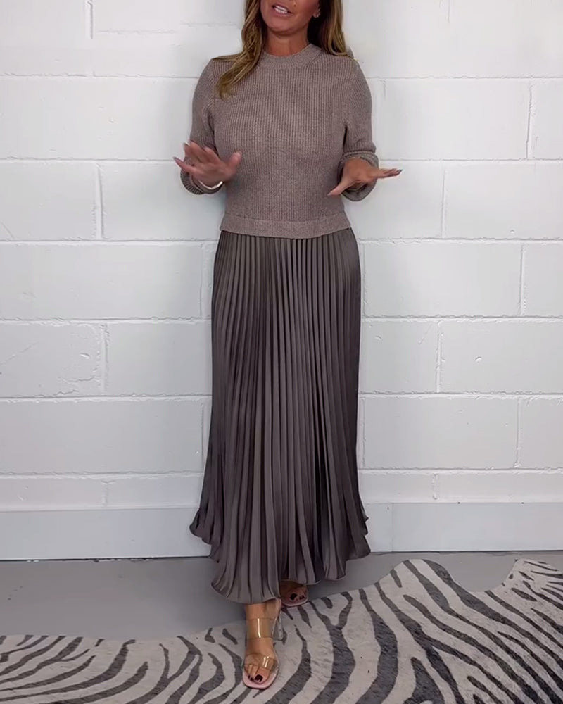 Knitted Long Sleeve Color Block Dress Solid Color Pleated Design Stylish for Fall Winter Wholesale Available