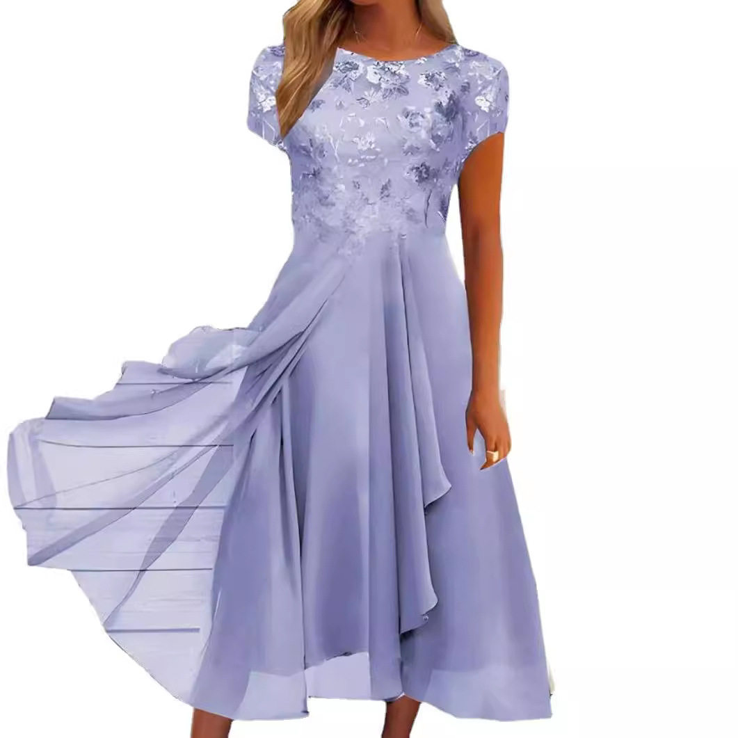 Chiffon Maxi Dress with Sequin Print Round Neckline Elegant Evening Wear Available in Multiple Colors and Sizes