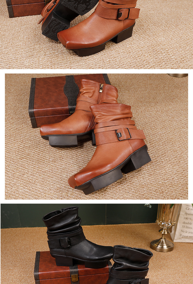 Boot nữ da bò thật cổ thấp mũi vuông gót vừa phong cách retro — màu đen, màu nâu