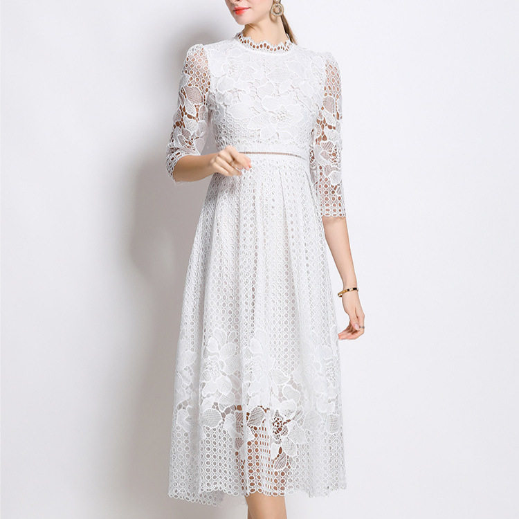 Elegant Mid Length Dress Slimming Hollow Water Soluble Lace Perfect for Formal Events Ready to Ship