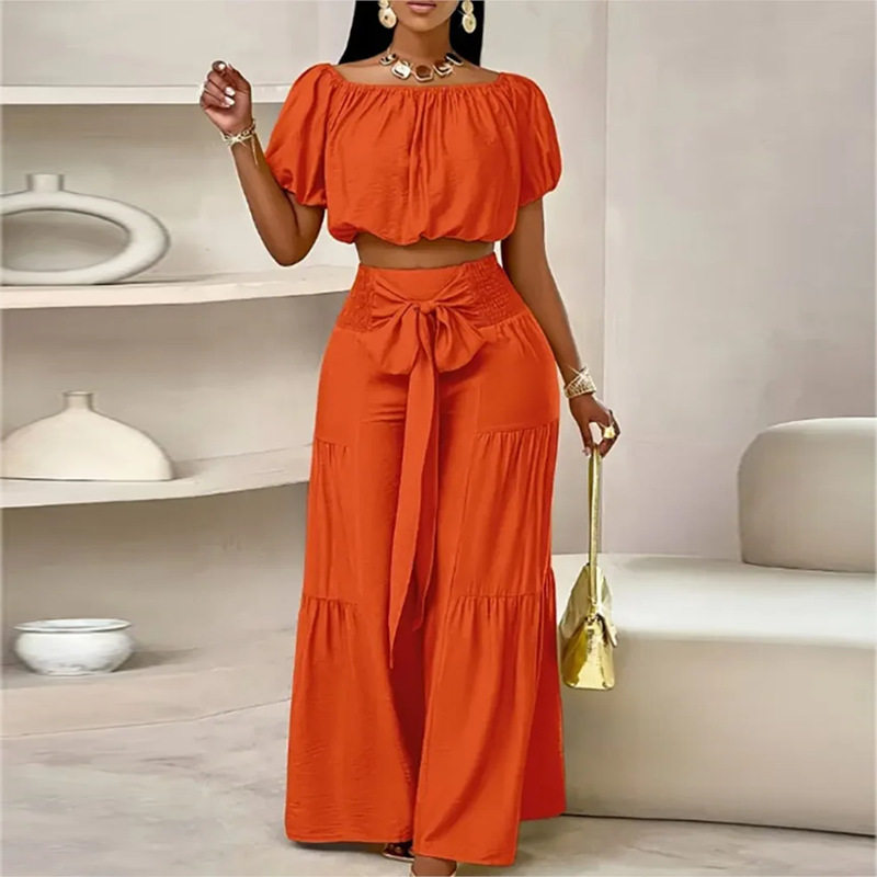 Womens Summer Outfit Set Fashionable Casual Style Solid Color Puff Sleeve Top Wide Leg Pants Wholesale Available